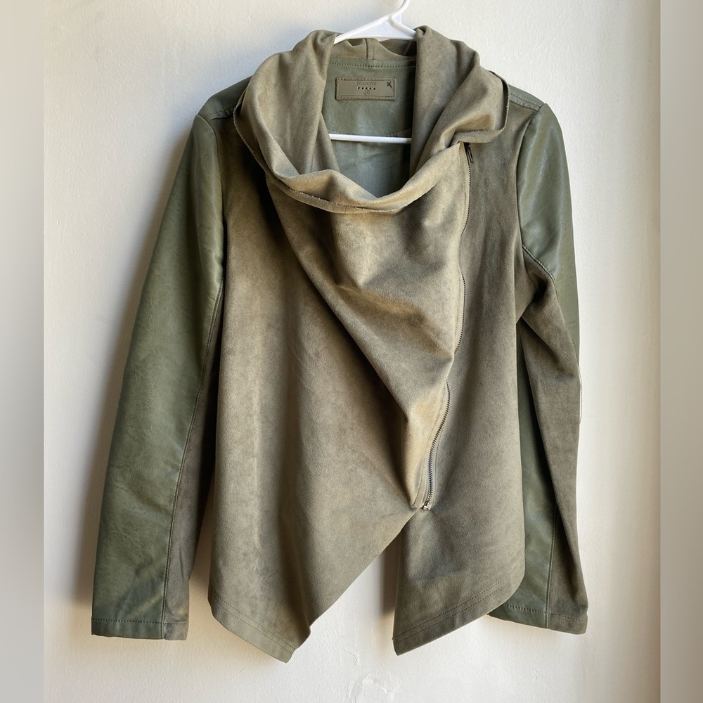 BlankNYC Green Mixed Media Drape Front Jacket Olive Suede  Women’s Size M